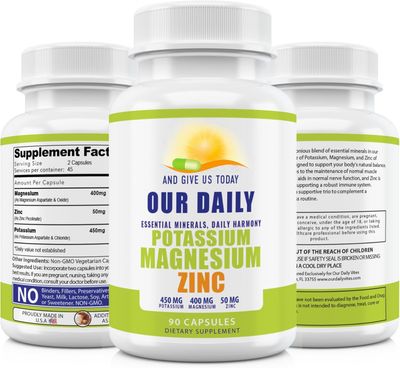 Magnesium Potassium Supplements W Zinc - 90 Capsules 400MG Magnesium,450MG Potassium,50MG Zinc for Vascular Health - High Absorption Vegan Potassium Magnesium Supplement for Leg Cramps and Sleep