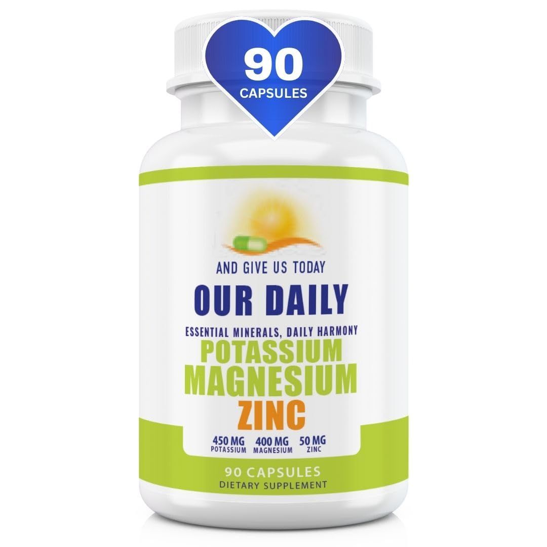 Magnesium Potassium Supplements W Zinc - 90 Capsules 400MG Magnesium,450MG Potassium,50MG Zinc for Vascular Health - High Absorption Vegan Potassium Magnesium Supplement for Leg Cramps and Sleep