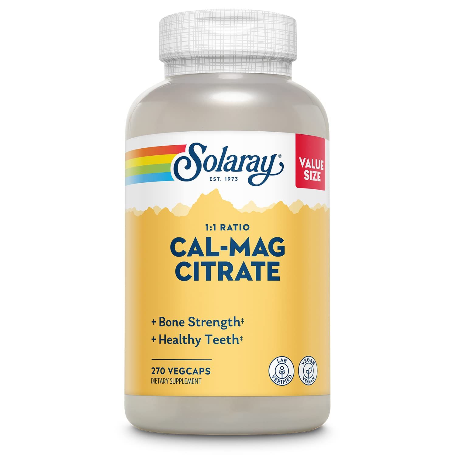 Solaray Calcium Magnesium Citrate 1000mg 1:1 Ratio, Bone Strength Supplement, Muscle, Nerve and Bone Health Support, Chelated for High Absorption, 60-Day Guarantee, 45 Servings, 270 VegCaps