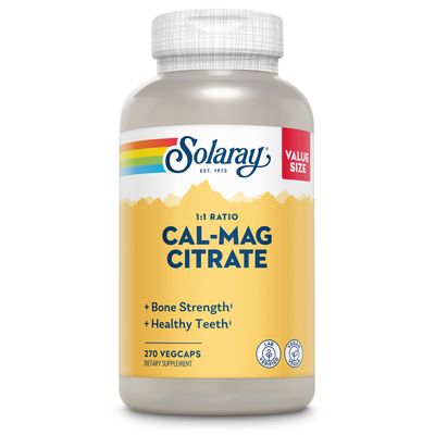 Solaray Calcium Magnesium Citrate 1000mg 1:1 Ratio, Bone Strength Supplement, Muscle, Nerve and Bone Health Support, Chelated for High Absorption, 60-Day Guarantee, 45 Servings, 270 VegCaps