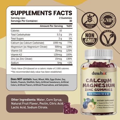 Calcium Magnesium Zinc Gummies for Women, Chewable Calcium Supplement 1000 mg Vitamin D3 K2, Bone Nerve Health, Muscle Function, Immune Support Stress Relief, Blueberry Flavor, 60 Ct
