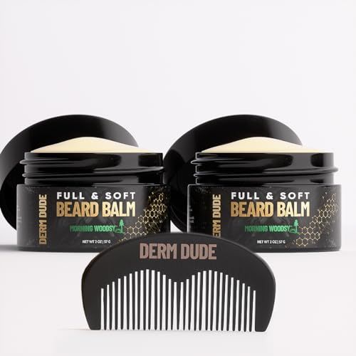 Derm Dude Full Soft Beard Balm for Men With Shea Butter Grapeseed Oil to Moisturize Smooth Leave-in Conditioner for Healthier Fuller Thicker Facial Hair -Morning Woodsy Scent 2oz (2 Pack)