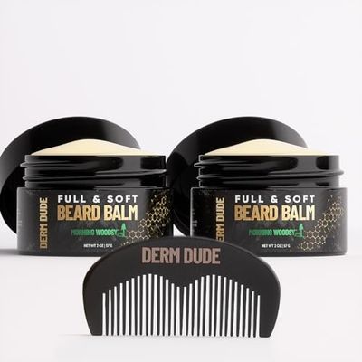 Derm Dude Full Soft Beard Balm for Men With Shea Butter Grapeseed Oil to Moisturize Smooth Leave-in Conditioner for Healthier Fuller Thicker Facial Hair -Morning Woodsy Scent 2oz (2 Pack)