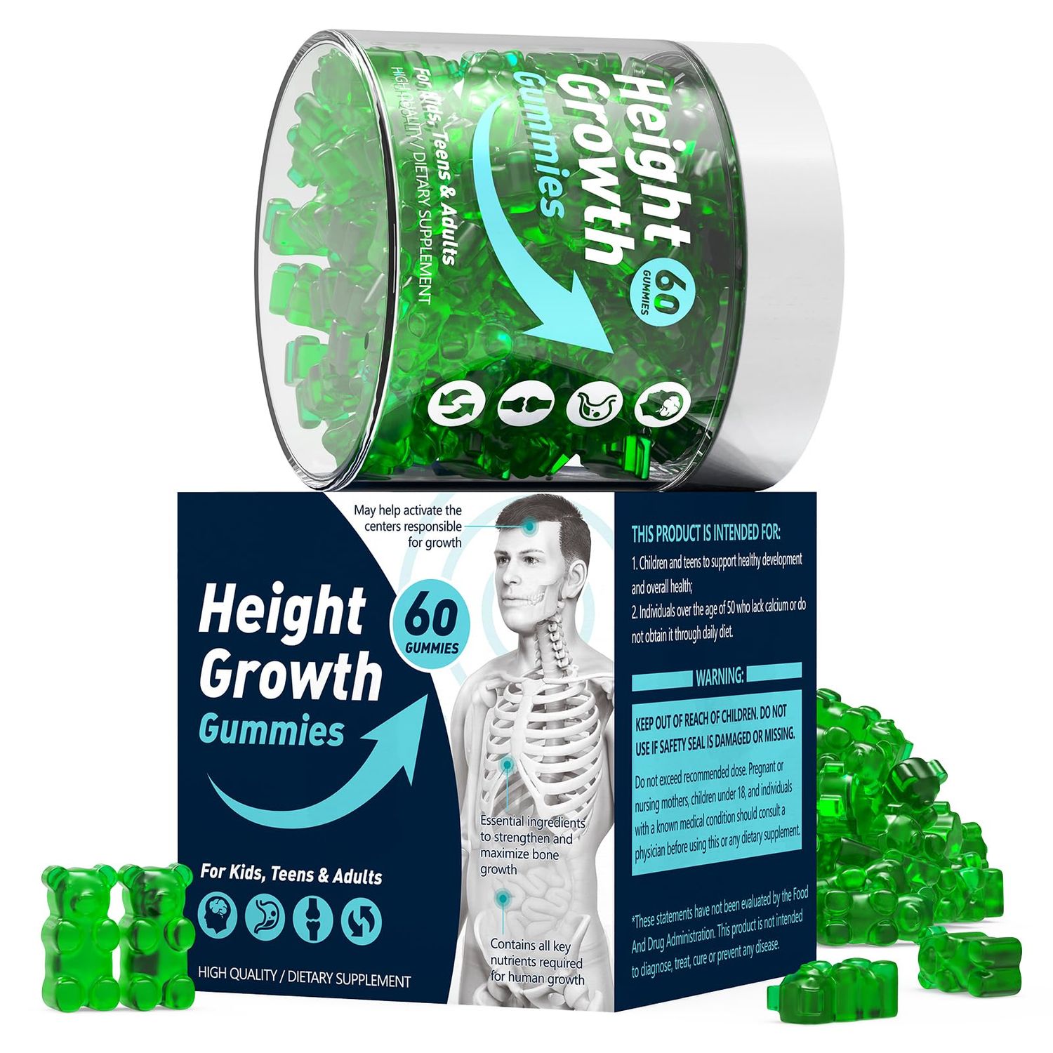 Heightener Supplement for Men Women, Height Growth Gummies for Natural Height Increase, Grow Taller Supplement with Multivitamins, Calcium, Zinc, Magnesium, K2 D3 for Bone Strength, 60 Gummies