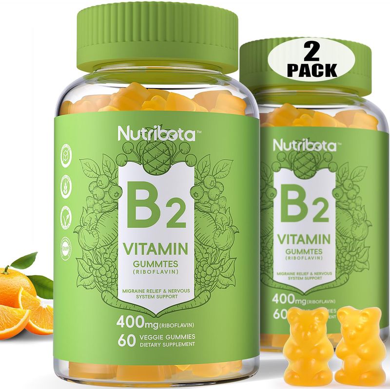 Nutribota Sugar Free Vitamin B2 Gummies- Riboflavin 400mg 200mg with Magnesium, CoQ10 for Adults Kids, Migraine Relief Energy, Nervous System Support, Vegan, 2 Pack