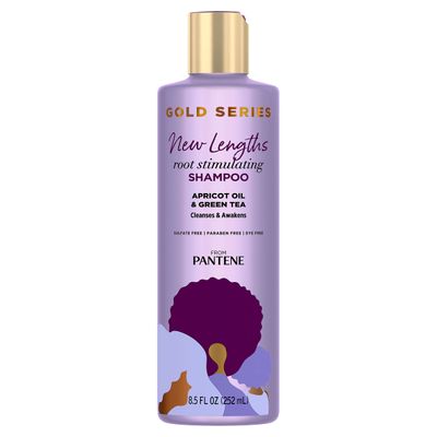 Pantene Gold Series New Lengths Root Stimulating Shampoo with Apricot Oil Green Tea, for Natural, Textured, Curly, and Coily Hair, Sulfate-Free, Paraben Free, 8.5 Fl Oz