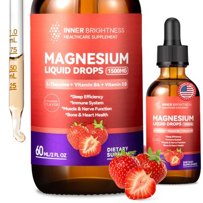 Magnesium Glycinate Liquid Drops 1500mg with Magnesium Citrate Taurate, L-Theaine, Vitamin D3, B6, Supports Calm, Sleep, Muscle Relaxation, Leg Cramps Energy, Strawberry Flavor, 60 mL