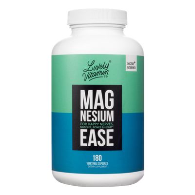 Lively Vitamin Co. Magnesium Ease - Chelated - Highly Bioavailable - Tension - Stress - Nerves - Immune Function - RLS - Gluten Dairy Soy Free - Non-GMO - 180 Vegan Capsules