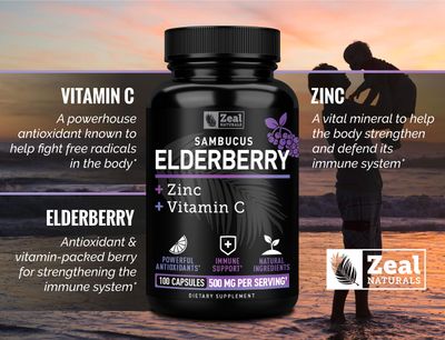 Zeal Naturals Max Strength Elderberry Capsules Zinc Vitamin C 500mg for Immune System Support with Black Sambucus Elderberry 100 Count 3-in-1 Immune Support for Adults
