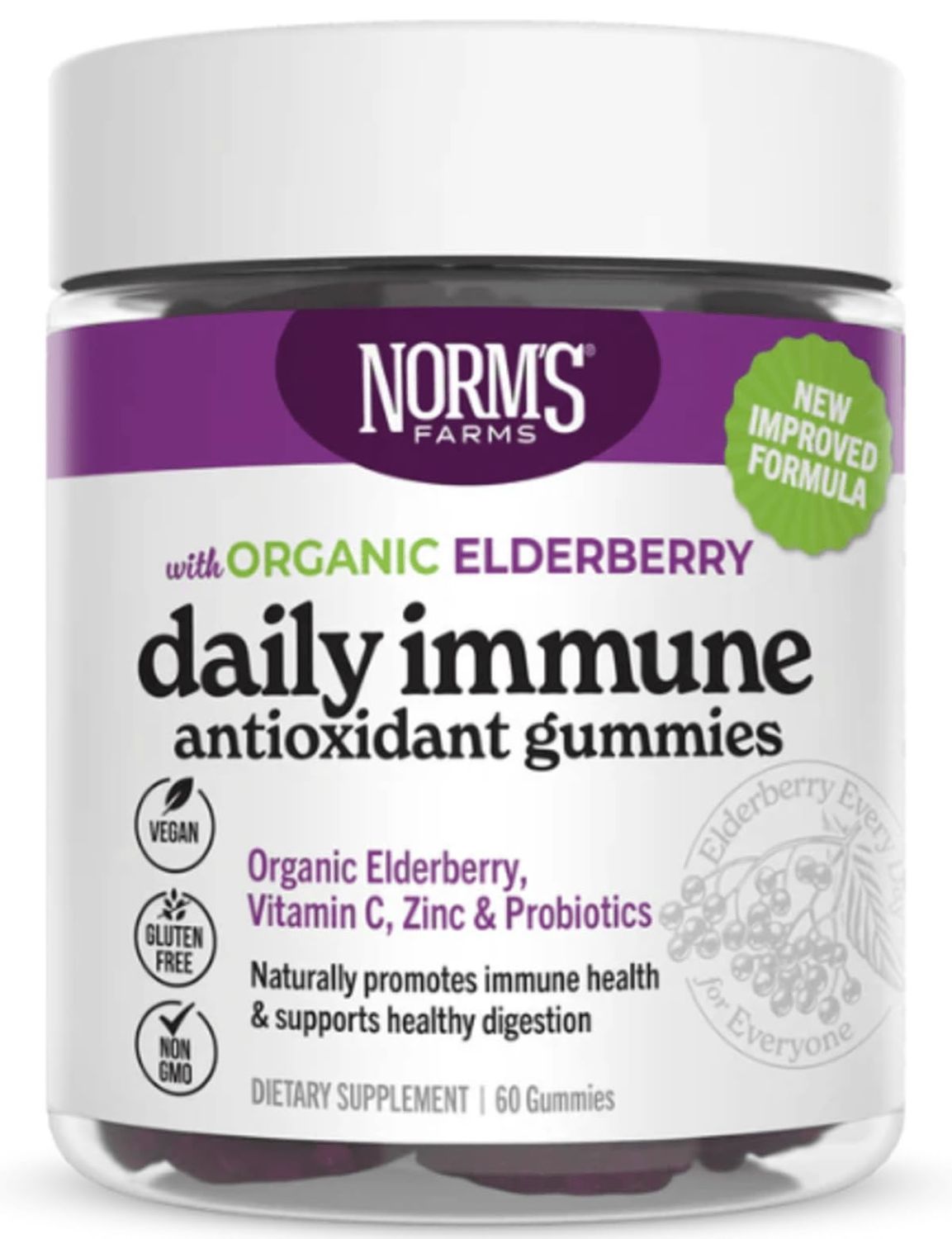 Norm&#39;s Farms Daily Immune Elderberry Gummies - Vitamin C, Zinc Probiotics - Vegan, Gluten Free, Kosher, Non-GMO - 60 Gummies