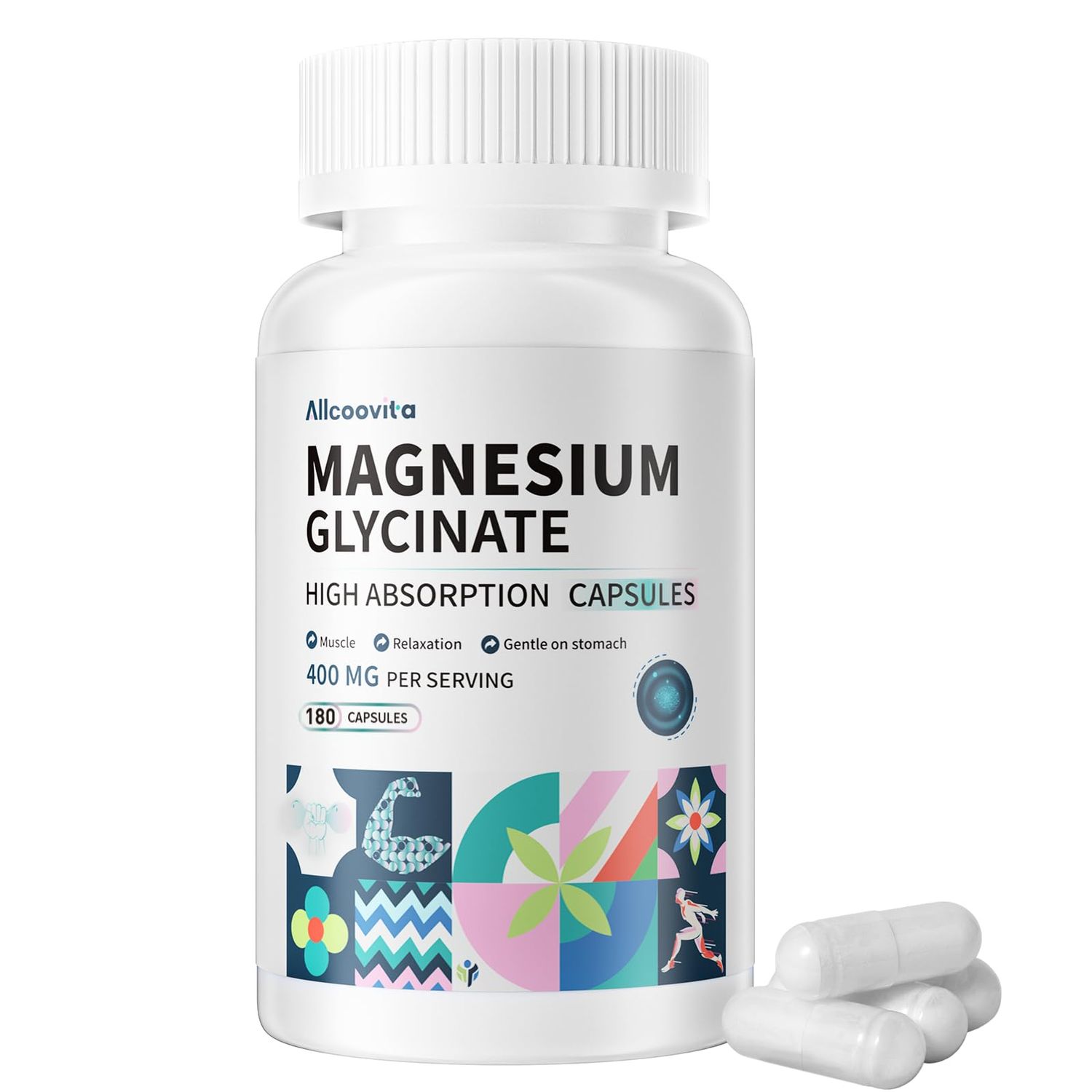Magnesium Glycinate 400 MG per Serving 100 Chelated for High Absorption, Gentle On Stomach, Non-GMO, 180 Vegetarian Capsules