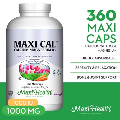 Maxi Health Calcium 1000 mg Supplement with Vitamin D3 (1000 IU) and Magnesium (500 mg) - Bone, Teeth and Joint Support for Men and Women - 360 Capsules - Maxi Cal