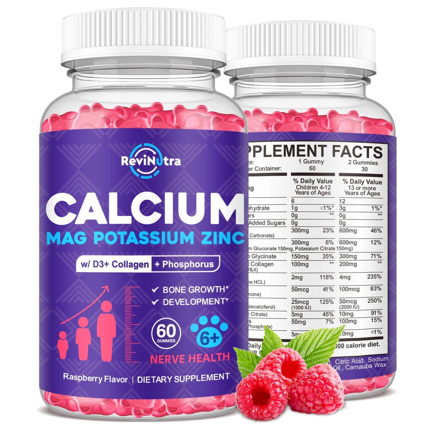 Calcium Potassium Magnesium Gummies for Kids Adults, with Hydrolyzed Collagen, Zinc, Phosphorus, Multivitamin for Sleep, Bone Strength, Density Support, Sugar Free,Raspberry 60 Gummies