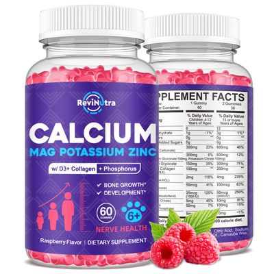 Calcium Potassium Magnesium Gummies for Kids Adults, with Hydrolyzed Collagen, Zinc, Phosphorus, Multivitamin for Sleep, Bone Strength, Density Support, Sugar Free,Raspberry 60 Gummies