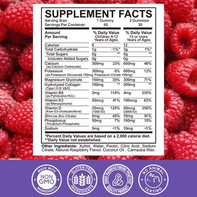 Calcium Potassium Magnesium Gummies for Kids Adults, with Hydrolyzed Collagen, Zinc, Phosphorus, Multivitamin for Sleep, Bone Strength, Density Support, Sugar Free,Raspberry 60 Gummies