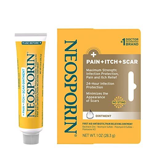 Neosporin First Aid Antibiotic Pain-Relieving, Anti-Itch, Scar Ointment with Neomycin, Bacitracin Zinc, Pramoxine HCl Polymyxin B, for Minor Cuts, Scrapes Burns, 1 oz