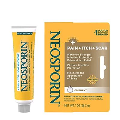 Neosporin First Aid Antibiotic Pain-Relieving, Anti-Itch, Scar Ointment with Neomycin, Bacitracin Zinc, Pramoxine HCl Polymyxin B, for Minor Cuts, Scrapes Burns, 1 oz