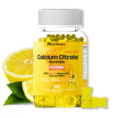 Sugar Free Calcium Citrate Gummies 1200mg with Vitamin D3 K2, Magnesium, Zinc, MSM for Men Women, Bone, Muscle, Immune Support, Ultimate Absorption Calcium Supplement, Vegan, 60 Count