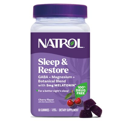 Natrol Sleep Restore Magnesium Glycinate Gummies with Melatonin 5mg - Calm Magnesium with GABA, Botanical Blend, Cherry Flavor, 60 Gummies