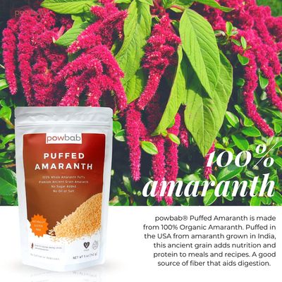 powbab Puffed Amaranth - 100 Organic Amaranth Popped in USA Whole Puffs. Good Protein Source, No Oil or Salt, No Sugar Added, Unsweetened Cereal. Expanded Amaranth Grain Seeds in Bulk, Non-GMO (5 oz)