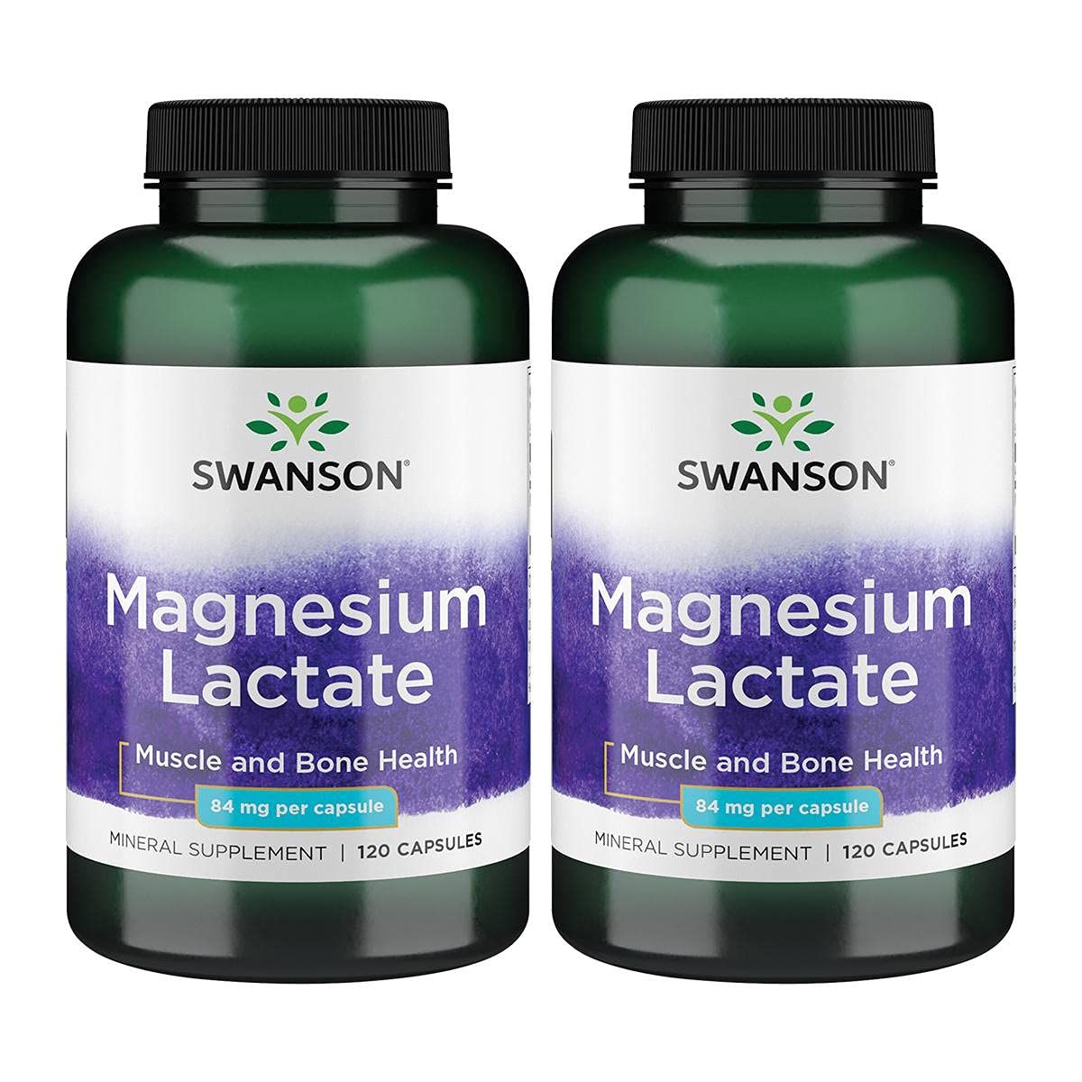 Swanson Magnesium Lactate - Mineral Supplement Promoting Muscle and Bone Health Support - Lactose-Free Lactate Mineral Form for Gentle Absorption - (120 Capsules, 84mg Each) (2 Pack)