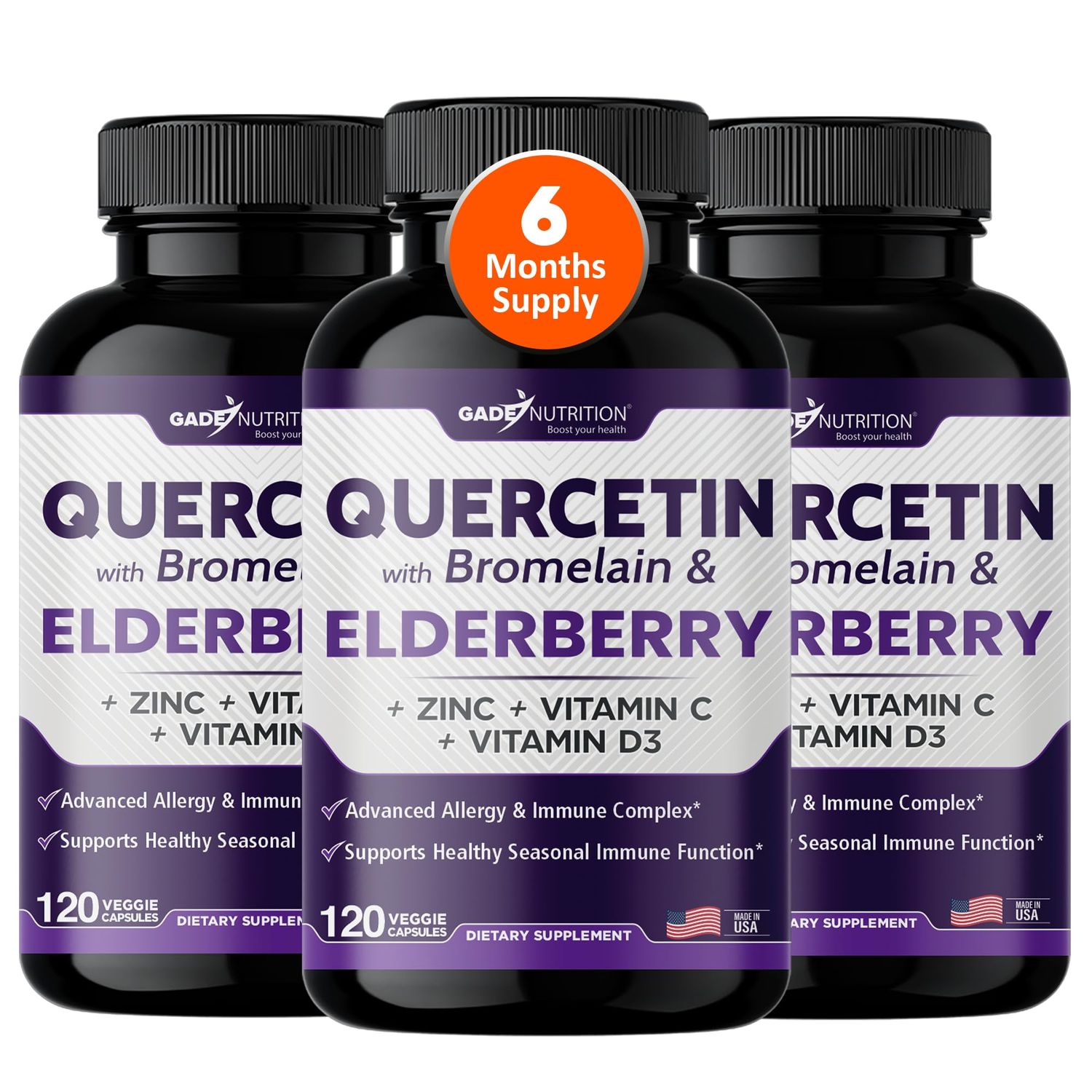 Gade Nutrition Quercetin with Bromelain Elderberry Quercetin with Vitamin C and Zinc Zinc Quercetin 500mg with Vitamin D3 Daily Immune Support Supplement - 6 Months Supply