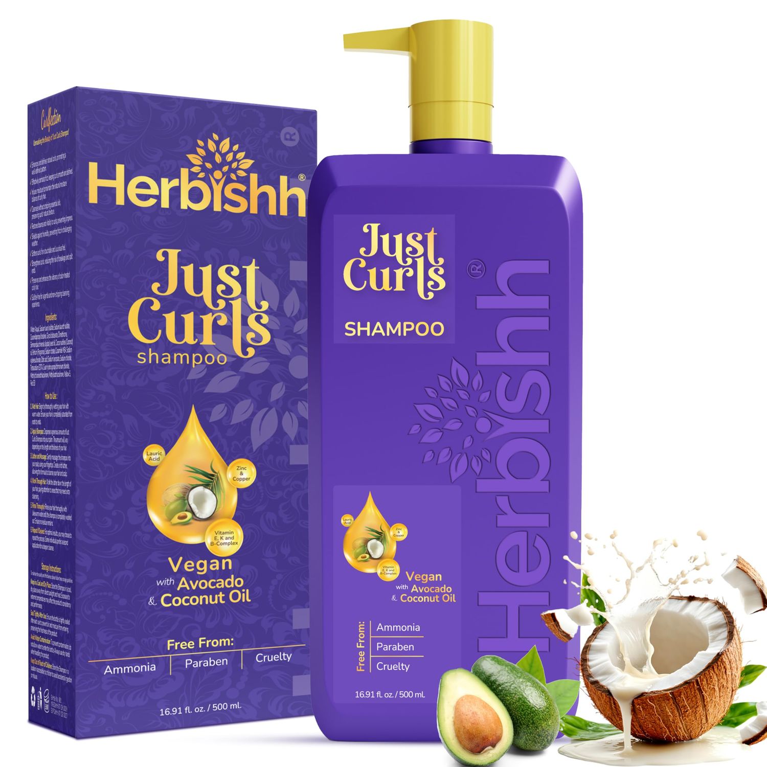 Herbishh Just Curls Shampoo with Coconut Oil, Cleanses and Hydrates for Strong and Soft Curls, Deep Nourishment Reduces Frizz, Revives Damaged Hair, Paraben-Free Vegan (16.91 fl.oz)