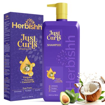 Herbishh Just Curls Shampoo with Coconut Oil, Cleanses and Hydrates for Strong and Soft Curls, Deep Nourishment Reduces Frizz, Revives Damaged Hair, Paraben-Free Vegan (16.91 fl.oz)