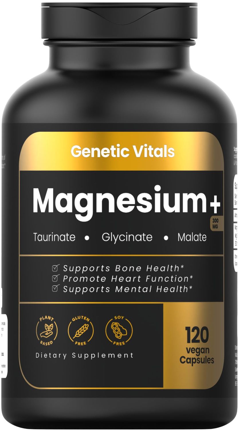Genetic Vitals Triple Magnesium Complex 300mg - High Absorption Magnesium Glycinate, Taurate Malate - Gluten-Free Vegan - 120 Capsules