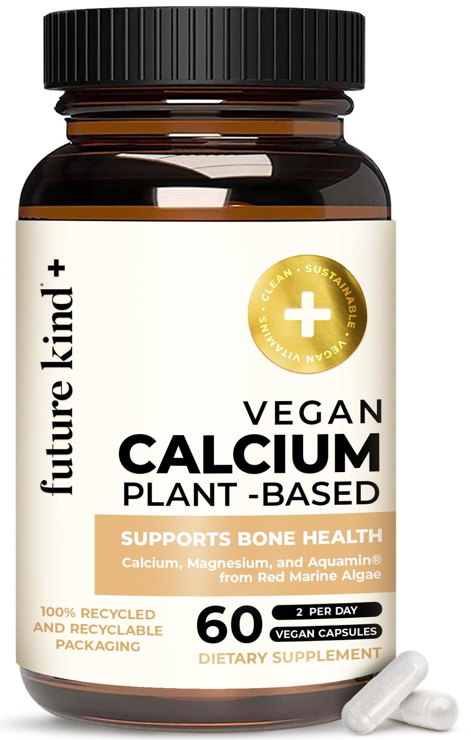 Future Kind Vegan Calcium Supplement - Plant-Based Calcium Magnesium Supplement Sourced from Iceland for Teeth Bone Support (60 Capsules)