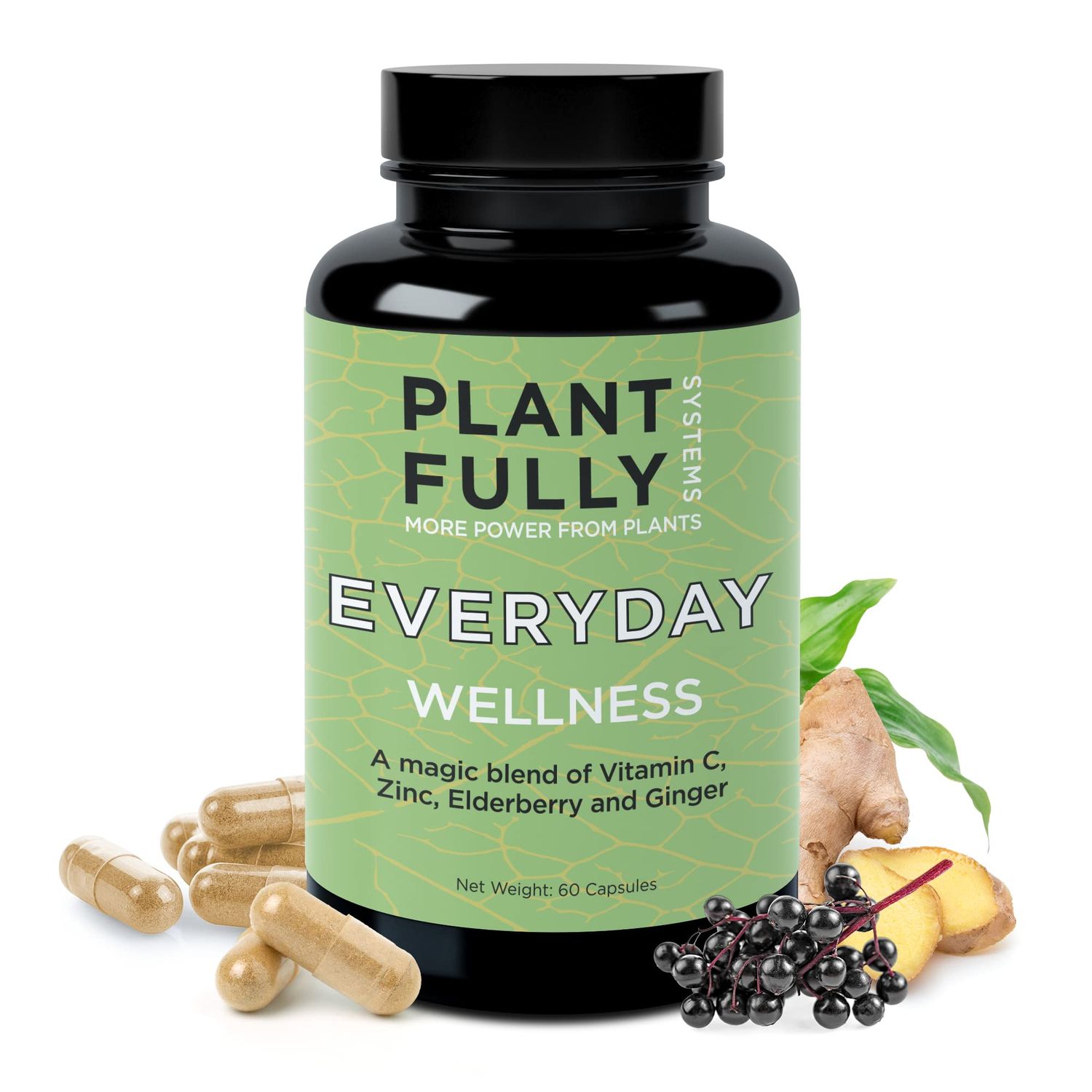Plantfully Systems Wellness Supplement (30 Capsules) - Ginger, Elderberry, Vitamin C, and Zinc Blend to Support Immune Health and antioxidant Levels, Boost Immunity, Vegan, Non-GMO, Sugar Free