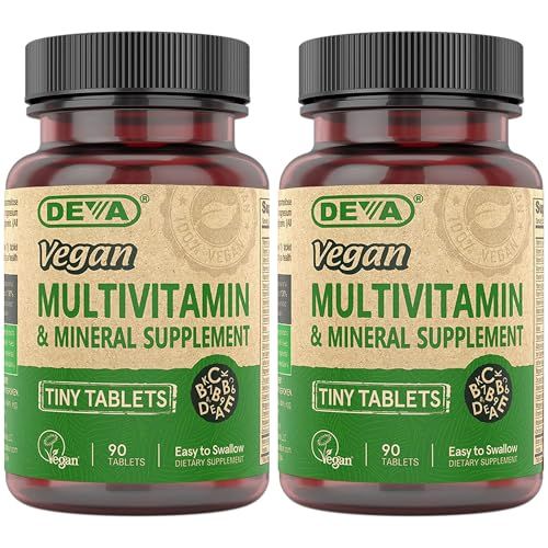 DEVA Tiny Tablets Vegan Multivitamins for Women Men, Multivitamin with Iron, Mineral Supplement, Vitamin C, Vitamin B Complex, Vitamin B12, Vitamin E, Zinc, Gluten Free, 90 Tablets (Pack of 2)