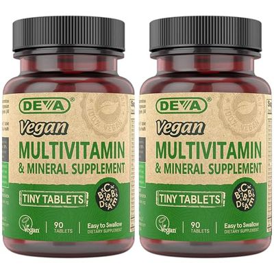 DEVA Tiny Tablets Vegan Multivitamins for Women Men, Multivitamin with Iron, Mineral Supplement, Vitamin C, Vitamin B Complex, Vitamin B12, Vitamin E, Zinc, Gluten Free, 90 Tablets (Pack of 2)