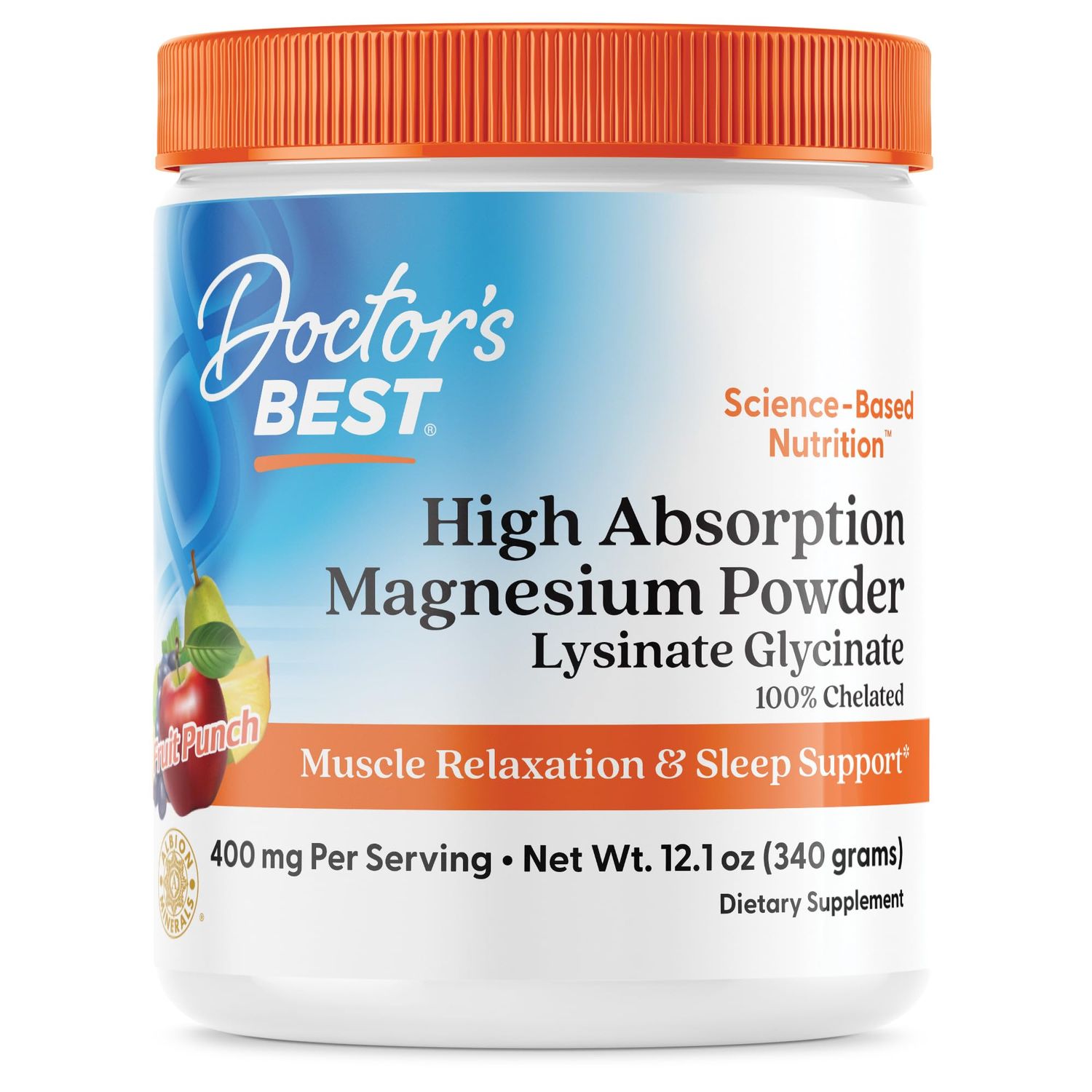 Doctors Best High Absorption Magnesium Powder Lysinate Glycinate 100 Chelated, Muscle Relaxation Sleep Support, Gluten Free, Vegan, 100 Chelated Net Wt. 12.1 oz (340 Grams), Fruit Punch Flavor