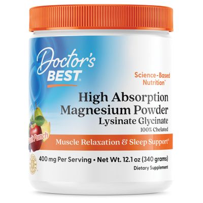 Doctors Best High Absorption Magnesium Powder Lysinate Glycinate 100 Chelated, Muscle Relaxation Sleep Support, Gluten Free, Vegan, 100 Chelated Net Wt. 12.1 oz (340 Grams), Fruit Punch Flavor
