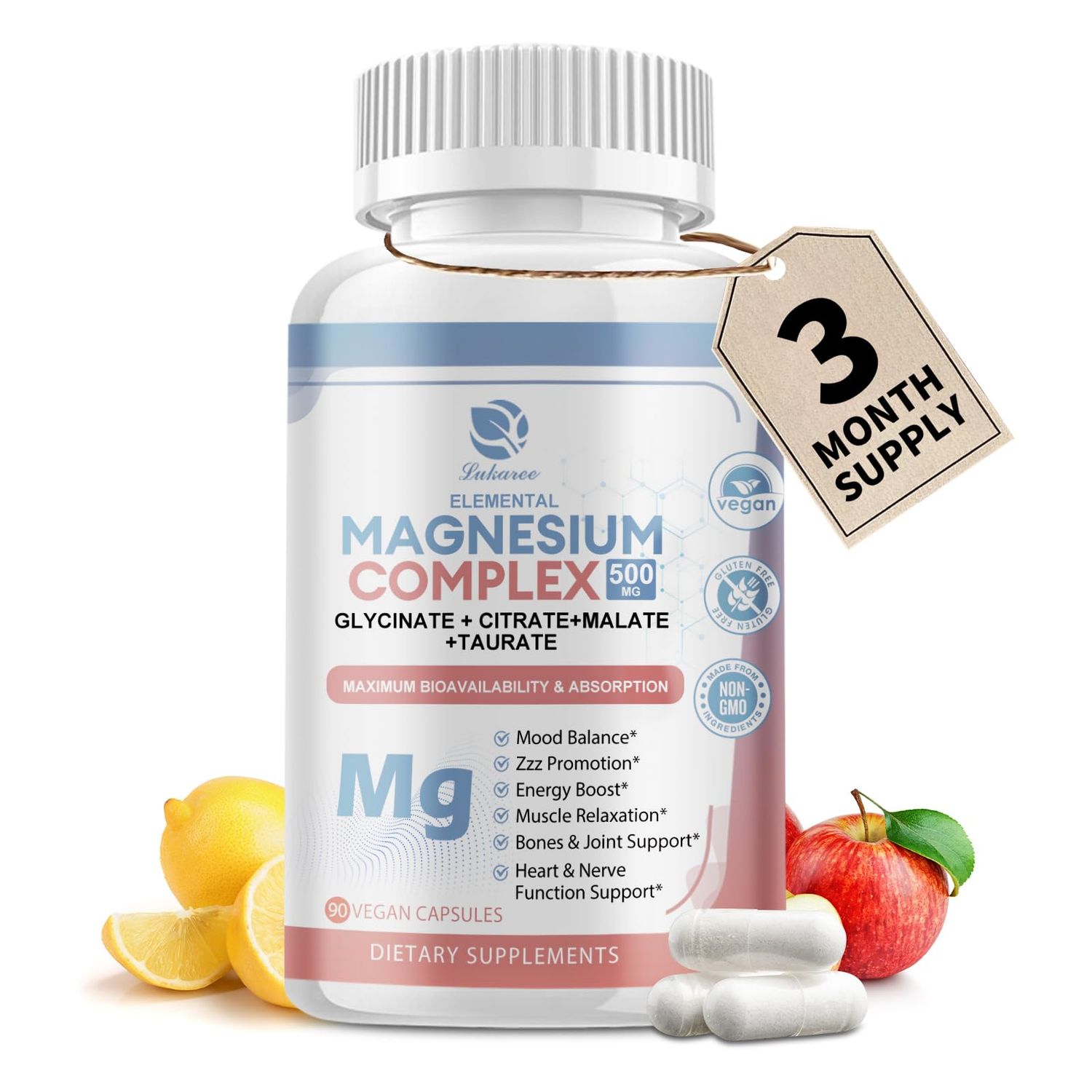 Magnesium Supplement 500mg, Magnesium Glycinate, Malate, Taurate, Citrate Complex Herbal Extracts, High Absorption Chelated 90 Vegan Non-GMO Capsules for Balanced Wellness and Relaxation