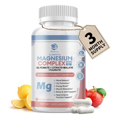 Magnesium Supplement 500mg, Magnesium Glycinate, Malate, Taurate, Citrate Complex Herbal Extracts, High Absorption Chelated 90 Vegan Non-GMO Capsules for Balanced Wellness and Relaxation