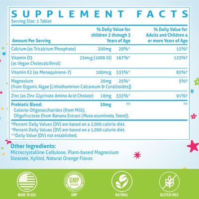 500 MG Calcium Supplement with Vitamin D3 K2, Zinc, Magnesium Prebiotics. Kids Vitamins for Kids' Height. Bone Strength, High Absorption, Orange Chewables, Gluten Free, 60 Tabs