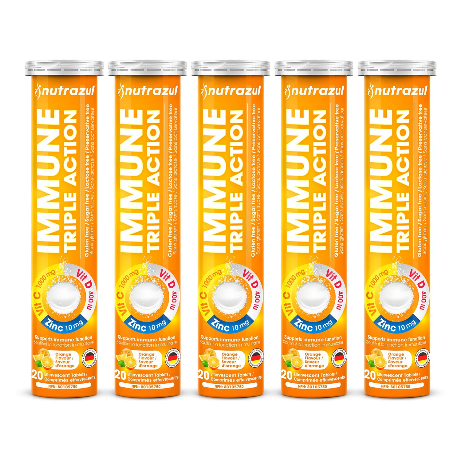 nutrazul Immune Triple Action Effervescent Tablets - Vitamin C 1000 mg, Vitamin D 400 IU, Zinc 10mg I Orange (Pack of 5X20) Gluten Free, Sugar Free, Lactose Free Preservative Free