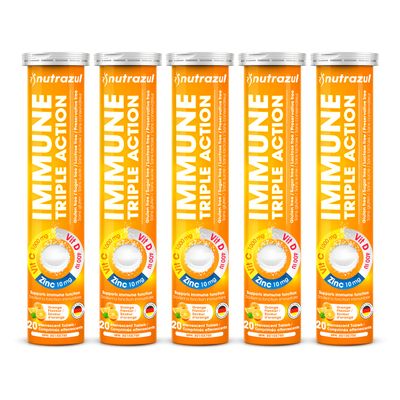 nutrazul Immune Triple Action Effervescent Tablets - Vitamin C 1000 mg, Vitamin D 400 IU, Zinc 10mg I Orange (Pack of 5X20) Gluten Free, Sugar Free, Lactose Free Preservative Free