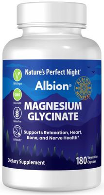 Nature s Perfect Night Magnesium Glycinate 180 Veggie Caps 100 Chelated Albion Gold Medallion GI Friendly Non-GMO Gluten Free Supports Relaxation, Heart, Bone, and Nerve Health