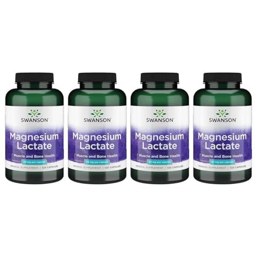 Swanson Magnesium Lactate - Mineral Supplement Promoting Muscle and Bone Health Support - Lactose-Free Lactate Mineral Form for Gentle Absorption - (120 Capsules, 84mg Each) (4 Pack)