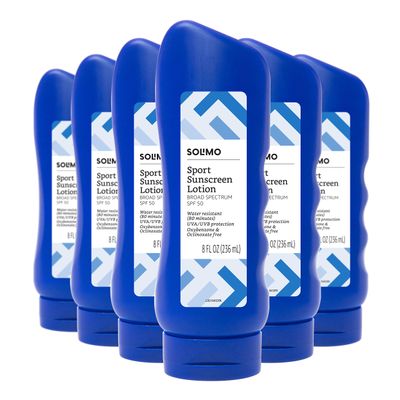 Solimo Sunscreen Lotion SPF 50 Body, Broad Spectrum UVAUVB Protection, No OctinoxateOxybenzone, Unscented, 8 fl oz, 6-Pack