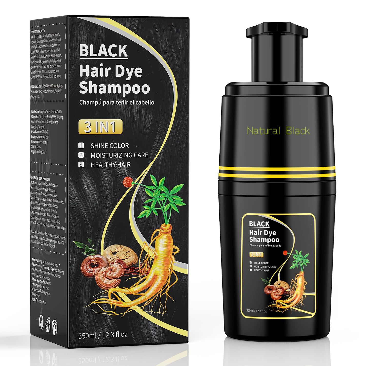 Lazibudgha Black Hair Dye Shampoo, 3 in 1 hair dye for women, Champu para canas - Herbal Ingredients Natural Plant for Grey Hair in Minutes 12.3 FL OZ(black)