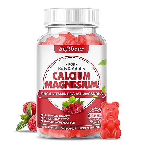 softbear Calcium Magnesium Zinc Gummies for Women, Calcium Magnesium Supplement High Absorption Calcium 600 mg with Vitamin D3 for Bone Strength Vegan Raspberry Flavor 60 Gummies