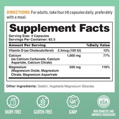 Vitamin World Calcium Magnesium with Vitamin D3, Bone Health, Muscle Nerve Function Support, with Calcium 1000mg, Magnesium 500mg, Rapid-Release, Gluten Dairy Free, 250 Capsules