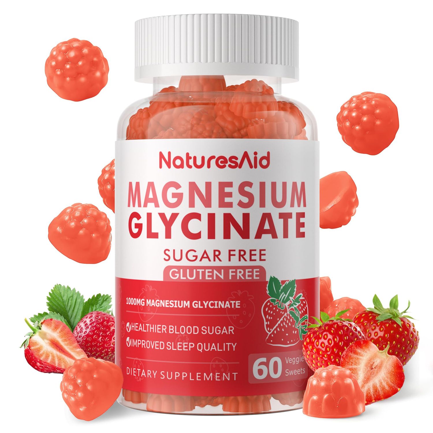 Magnesium Glycinate Gummies 1000mg - Sugar Free Magnesium Potassium Supplement with Vitamin D, B6, CoQ10 for Calm Mood Sleep Support - 60 Strawberry Gummies -1 Pack
