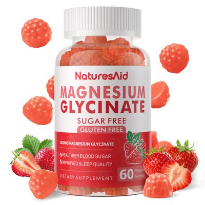 Magnesium Glycinate Gummies 1000mg - Sugar Free Magnesium Potassium Supplement with Vitamin D, B6, CoQ10 for Calm Mood Sleep Support - 60 Strawberry Gummies -1 Pack