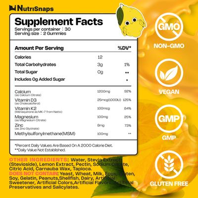 Sugar Free Calcium Citrate Gummies 1200mg with Vitamin D3 K2, Magnesium, Zinc, MSM for Men Women, Bone, Muscle, Immune Support, Ultimate Absorption Calcium Supplement, Vegan, 60 Count