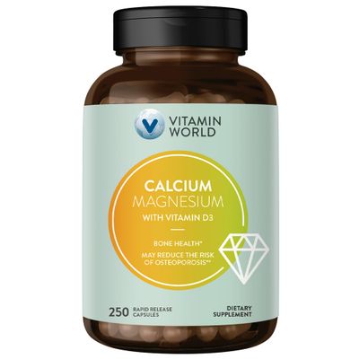 Vitamin World Calcium Magnesium with Vitamin D3, Bone Health, Muscle Nerve Function Support, with Calcium 1000mg, Magnesium 500mg, Rapid-Release, Gluten Dairy Free, 250 Capsules